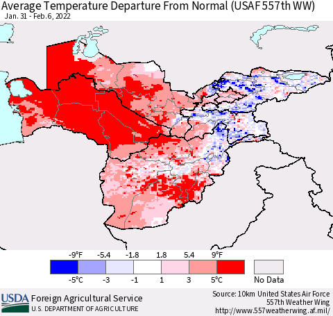 Central Asia Average Temperature Departure from Normal (USAF 557th WW) Thematic Map For 1/31/2022 - 2/6/2022