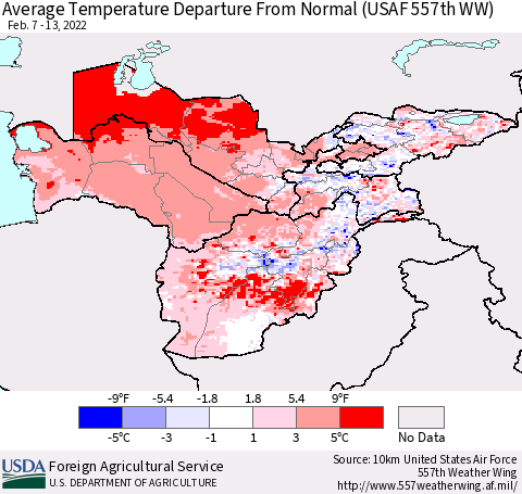 Central Asia Average Temperature Departure from Normal (USAF 557th WW) Thematic Map For 2/7/2022 - 2/13/2022