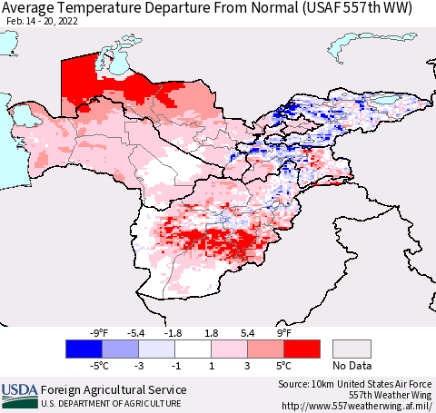 Central Asia Average Temperature Departure from Normal (USAF 557th WW) Thematic Map For 2/14/2022 - 2/20/2022
