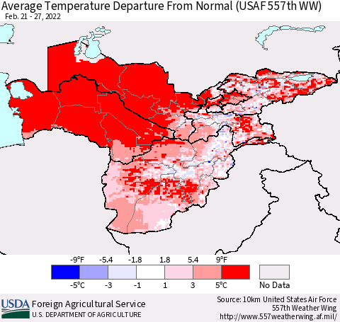 Central Asia Average Temperature Departure from Normal (USAF 557th WW) Thematic Map For 2/21/2022 - 2/27/2022