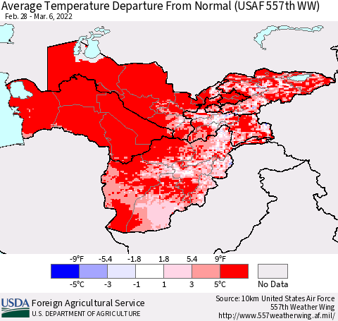 Central Asia Average Temperature Departure from Normal (USAF 557th WW) Thematic Map For 2/28/2022 - 3/6/2022