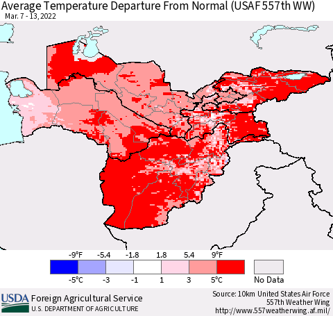 Central Asia Average Temperature Departure from Normal (USAF 557th WW) Thematic Map For 3/7/2022 - 3/13/2022