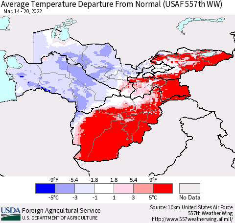Central Asia Average Temperature Departure from Normal (USAF 557th WW) Thematic Map For 3/14/2022 - 3/20/2022