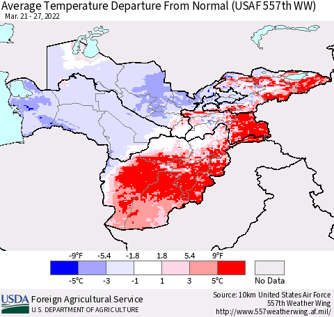 Central Asia Average Temperature Departure from Normal (USAF 557th WW) Thematic Map For 3/21/2022 - 3/27/2022