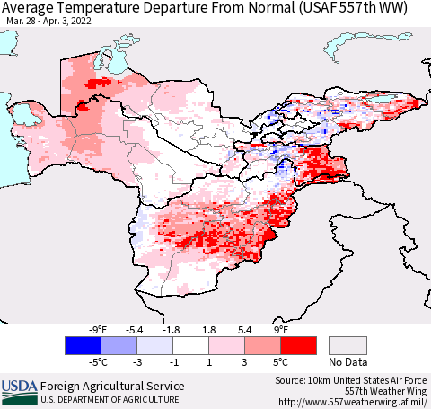 Central Asia Average Temperature Departure from Normal (USAF 557th WW) Thematic Map For 3/28/2022 - 4/3/2022