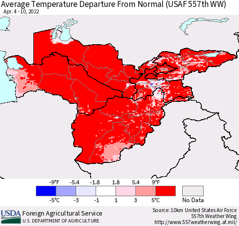 Central Asia Average Temperature Departure from Normal (USAF 557th WW) Thematic Map For 4/4/2022 - 4/10/2022