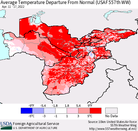 Central Asia Average Temperature Departure from Normal (USAF 557th WW) Thematic Map For 4/11/2022 - 4/17/2022