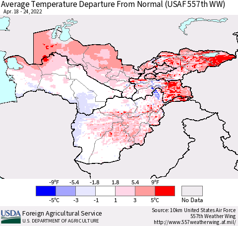 Central Asia Average Temperature Departure from Normal (USAF 557th WW) Thematic Map For 4/18/2022 - 4/24/2022