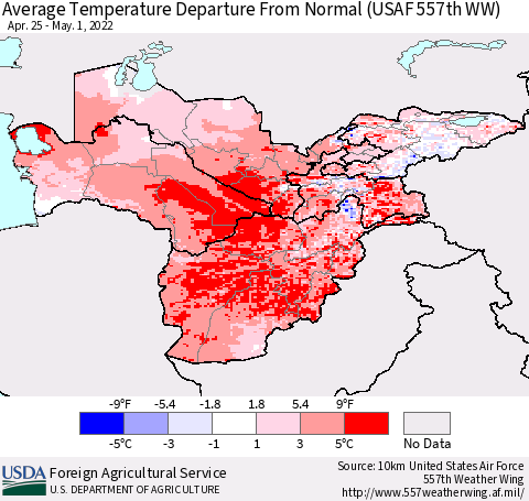 Central Asia Average Temperature Departure from Normal (USAF 557th WW) Thematic Map For 4/25/2022 - 5/1/2022