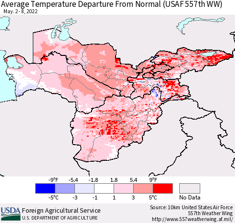Central Asia Average Temperature Departure from Normal (USAF 557th WW) Thematic Map For 5/2/2022 - 5/8/2022