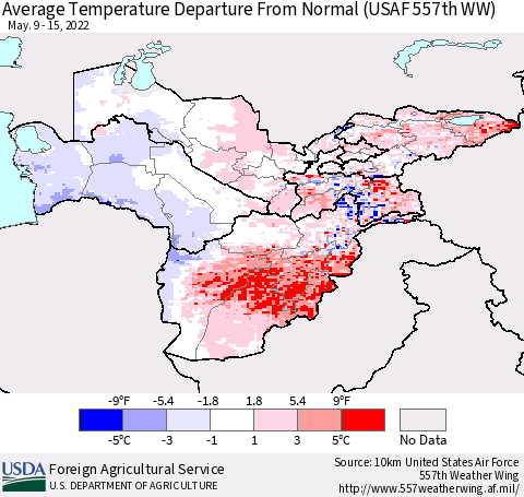 Central Asia Average Temperature Departure from Normal (USAF 557th WW) Thematic Map For 5/9/2022 - 5/15/2022