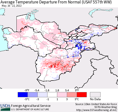 Central Asia Average Temperature Departure from Normal (USAF 557th WW) Thematic Map For 5/16/2022 - 5/22/2022