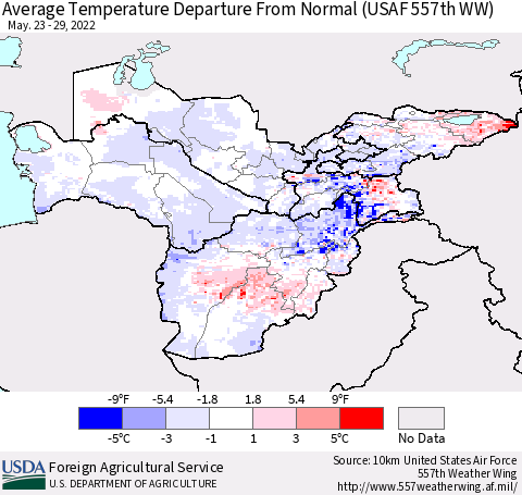 Central Asia Average Temperature Departure from Normal (USAF 557th WW) Thematic Map For 5/23/2022 - 5/29/2022