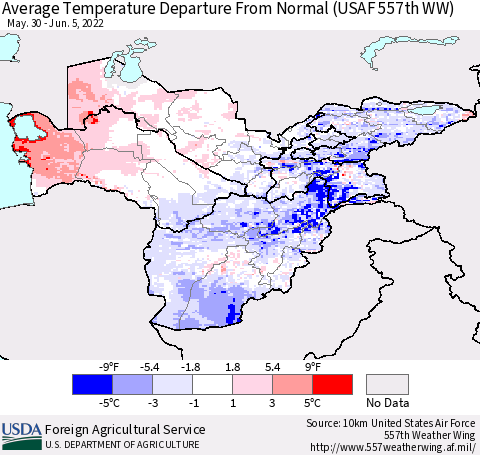 Central Asia Average Temperature Departure from Normal (USAF 557th WW) Thematic Map For 5/30/2022 - 6/5/2022