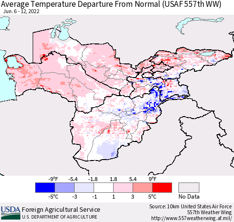 Central Asia Average Temperature Departure from Normal (USAF 557th WW) Thematic Map For 6/6/2022 - 6/12/2022