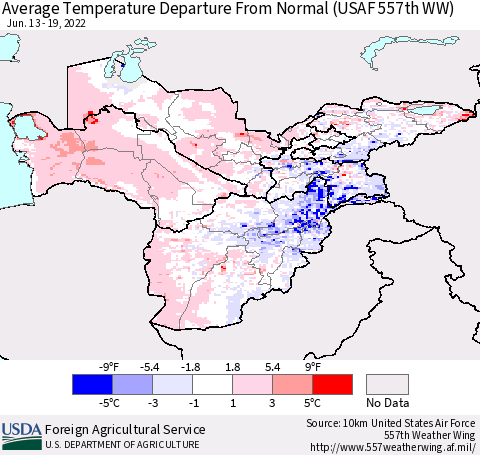 Central Asia Average Temperature Departure from Normal (USAF 557th WW) Thematic Map For 6/13/2022 - 6/19/2022