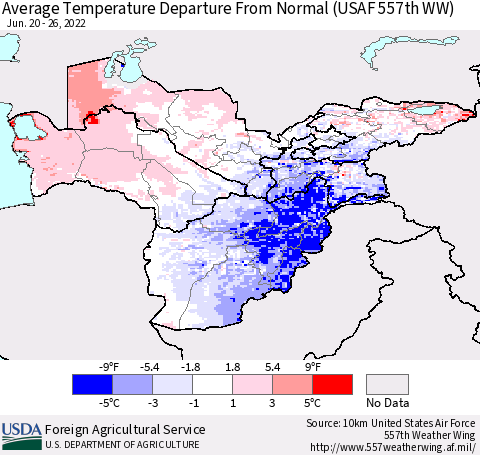 Central Asia Average Temperature Departure from Normal (USAF 557th WW) Thematic Map For 6/20/2022 - 6/26/2022