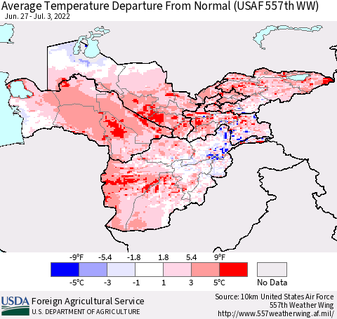 Central Asia Average Temperature Departure from Normal (USAF 557th WW) Thematic Map For 6/27/2022 - 7/3/2022