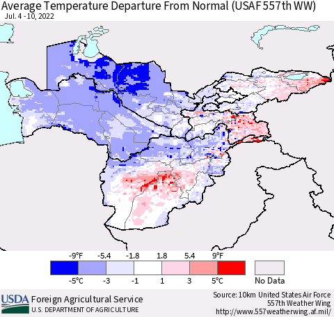 Central Asia Average Temperature Departure from Normal (USAF 557th WW) Thematic Map For 7/4/2022 - 7/10/2022