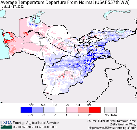 Central Asia Average Temperature Departure from Normal (USAF 557th WW) Thematic Map For 7/11/2022 - 7/17/2022