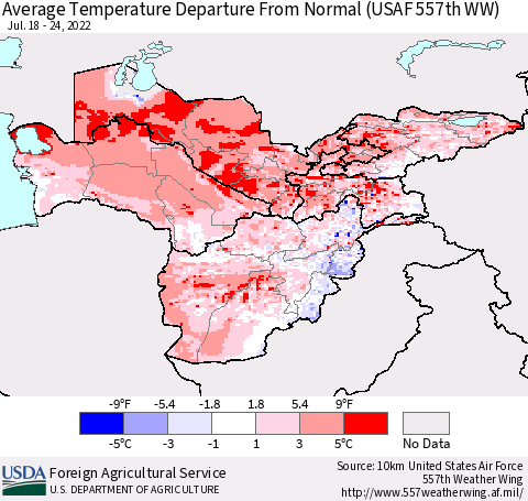 Central Asia Average Temperature Departure from Normal (USAF 557th WW) Thematic Map For 7/18/2022 - 7/24/2022