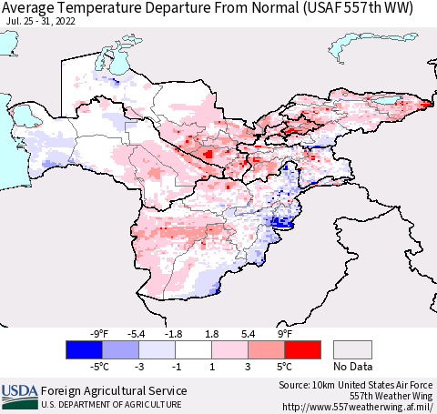 Central Asia Average Temperature Departure from Normal (USAF 557th WW) Thematic Map For 7/25/2022 - 7/31/2022