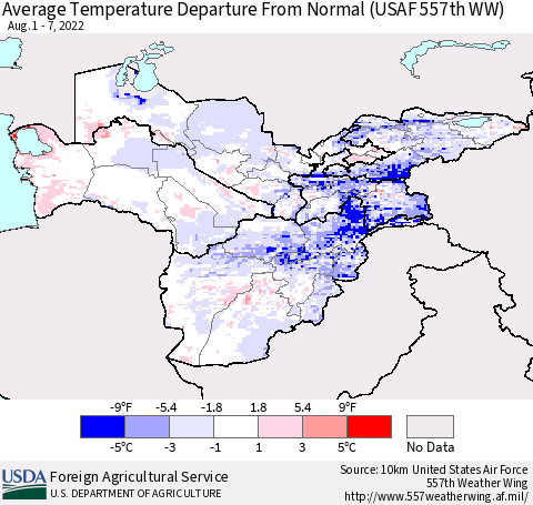 Central Asia Average Temperature Departure from Normal (USAF 557th WW) Thematic Map For 8/1/2022 - 8/7/2022