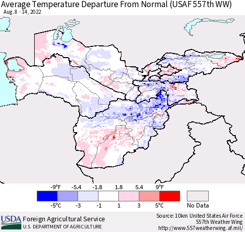 Central Asia Average Temperature Departure from Normal (USAF 557th WW) Thematic Map For 8/8/2022 - 8/14/2022
