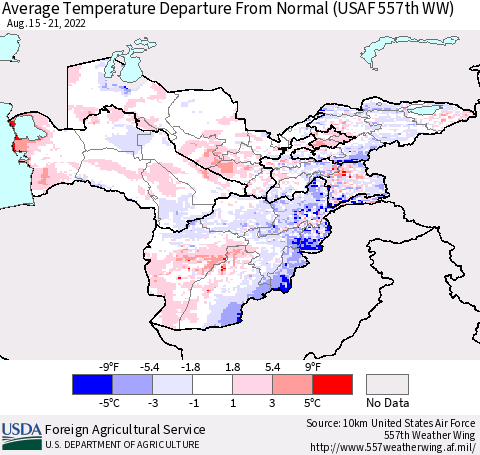 Central Asia Average Temperature Departure from Normal (USAF 557th WW) Thematic Map For 8/15/2022 - 8/21/2022