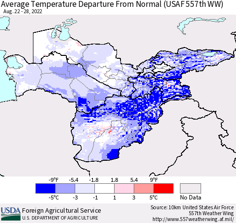 Central Asia Average Temperature Departure from Normal (USAF 557th WW) Thematic Map For 8/22/2022 - 8/28/2022