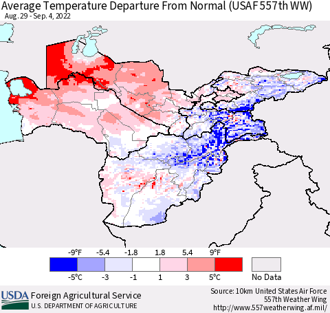 Central Asia Average Temperature Departure from Normal (USAF 557th WW) Thematic Map For 8/29/2022 - 9/4/2022