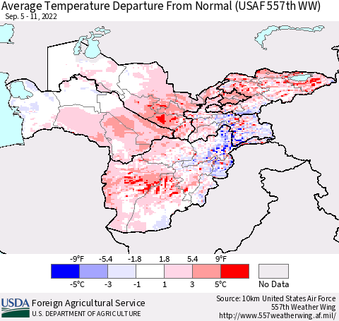 Central Asia Average Temperature Departure from Normal (USAF 557th WW) Thematic Map For 9/5/2022 - 9/11/2022