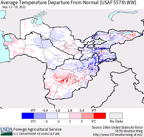Central Asia Average Temperature Departure from Normal (USAF 557th WW) Thematic Map For 9/12/2022 - 9/18/2022