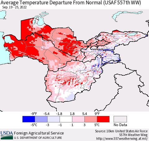 Central Asia Average Temperature Departure from Normal (USAF 557th WW) Thematic Map For 9/19/2022 - 9/25/2022