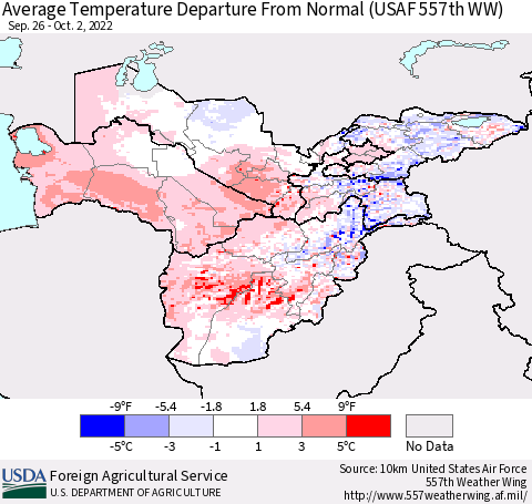 Central Asia Average Temperature Departure from Normal (USAF 557th WW) Thematic Map For 9/26/2022 - 10/2/2022