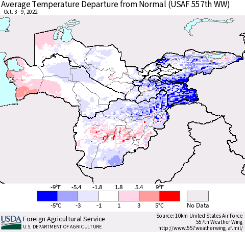 Central Asia Average Temperature Departure from Normal (USAF 557th WW) Thematic Map For 10/3/2022 - 10/9/2022