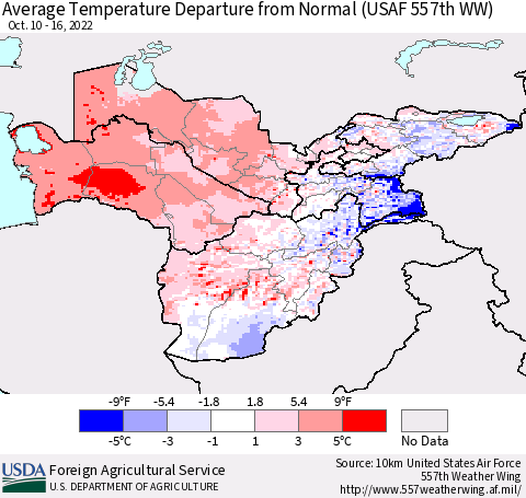 Central Asia Average Temperature Departure from Normal (USAF 557th WW) Thematic Map For 10/10/2022 - 10/16/2022