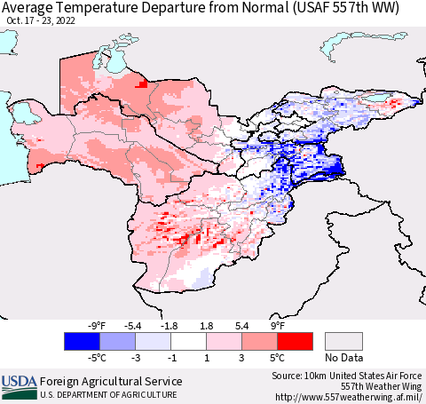 Central Asia Average Temperature Departure from Normal (USAF 557th WW) Thematic Map For 10/17/2022 - 10/23/2022