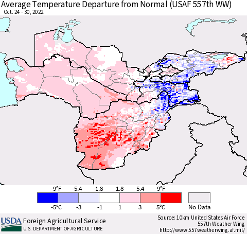 Central Asia Average Temperature Departure from Normal (USAF 557th WW) Thematic Map For 10/24/2022 - 10/30/2022