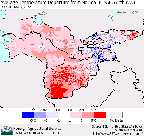 Central Asia Average Temperature Departure from Normal (USAF 557th WW) Thematic Map For 10/31/2022 - 11/6/2022