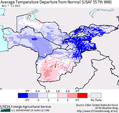 Central Asia Average Temperature Departure from Normal (USAF 557th WW) Thematic Map For 11/7/2022 - 11/13/2022