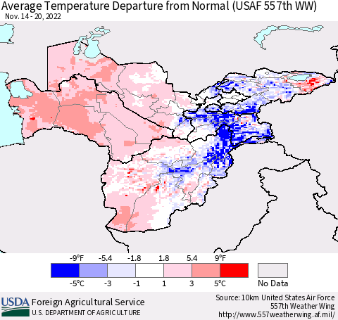 Central Asia Average Temperature Departure from Normal (USAF 557th WW) Thematic Map For 11/14/2022 - 11/20/2022
