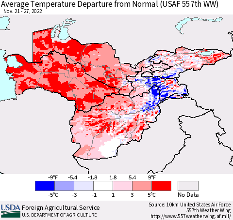 Central Asia Average Temperature Departure from Normal (USAF 557th WW) Thematic Map For 11/21/2022 - 11/27/2022