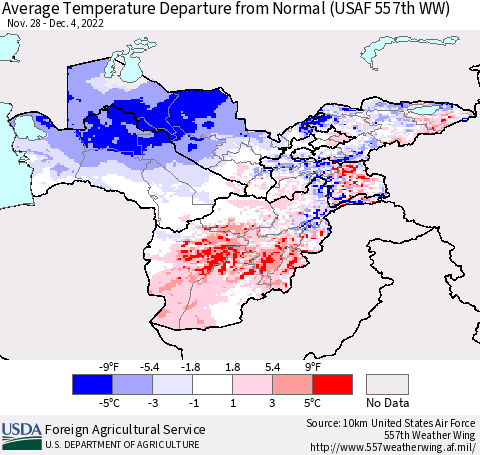 Central Asia Average Temperature Departure from Normal (USAF 557th WW) Thematic Map For 11/28/2022 - 12/4/2022