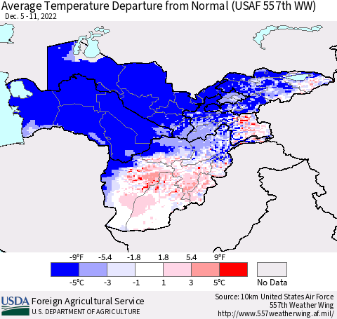 Central Asia Average Temperature Departure from Normal (USAF 557th WW) Thematic Map For 12/5/2022 - 12/11/2022