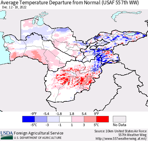 Central Asia Average Temperature Departure from Normal (USAF 557th WW) Thematic Map For 12/12/2022 - 12/18/2022