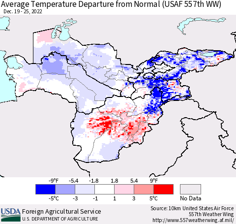 Central Asia Average Temperature Departure from Normal (USAF 557th WW) Thematic Map For 12/19/2022 - 12/25/2022