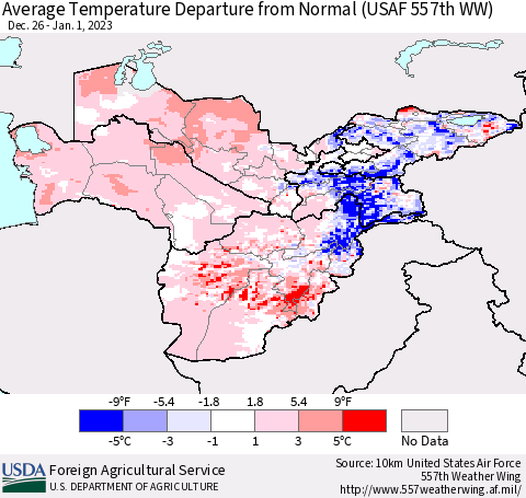 Central Asia Average Temperature Departure from Normal (USAF 557th WW) Thematic Map For 12/26/2022 - 1/1/2023