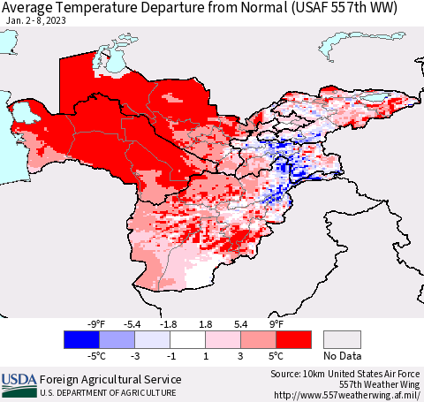 Central Asia Average Temperature Departure from Normal (USAF 557th WW) Thematic Map For 1/2/2023 - 1/8/2023