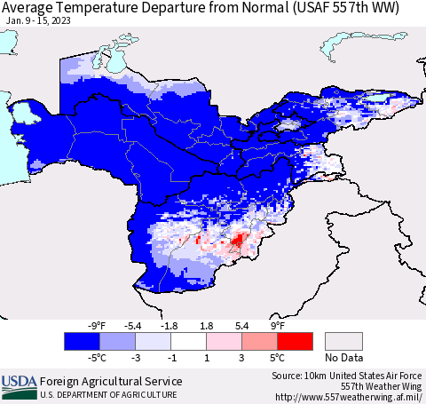 Central Asia Average Temperature Departure from Normal (USAF 557th WW) Thematic Map For 1/9/2023 - 1/15/2023